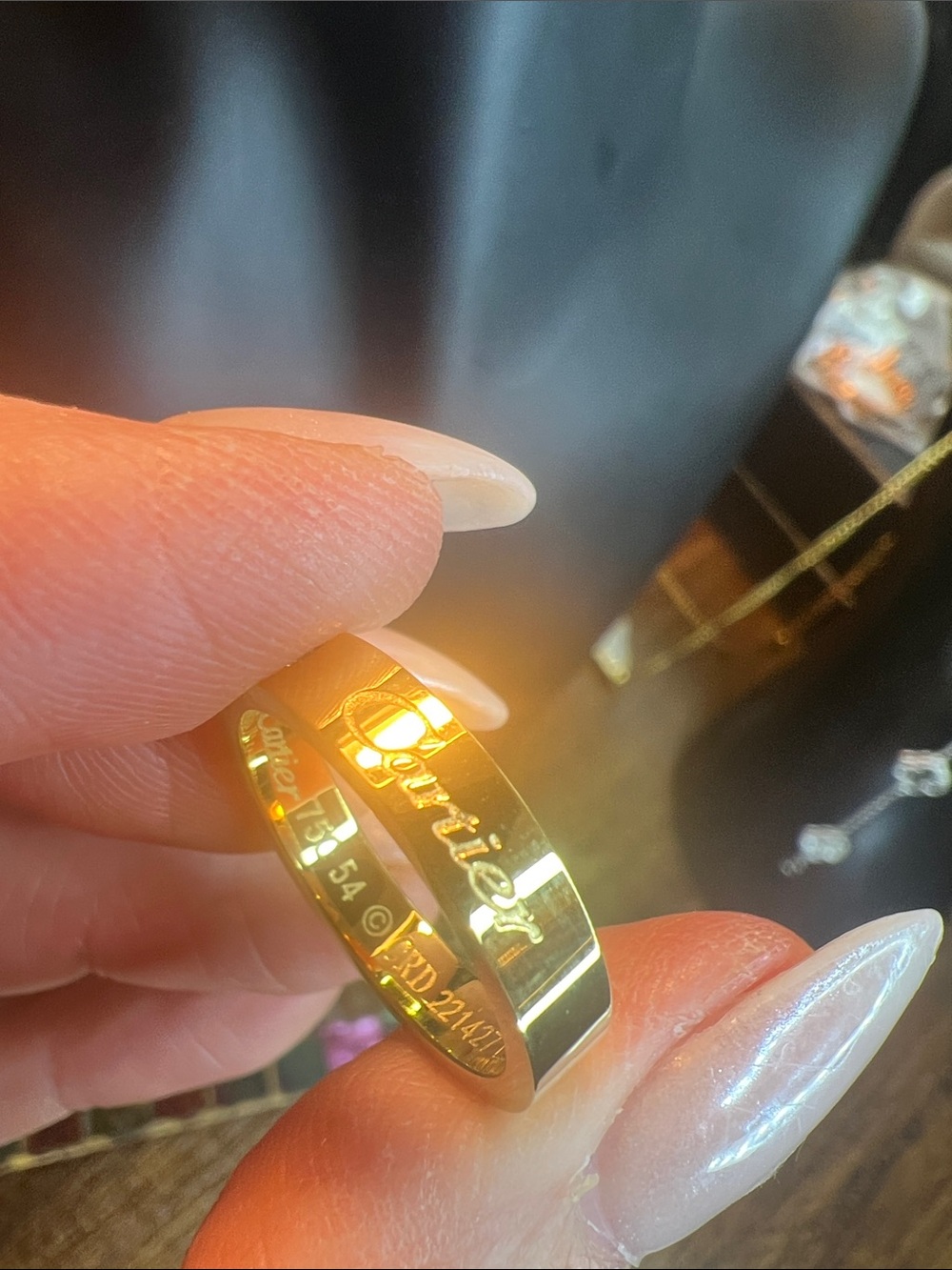 Gold Stainless Steel Script-Engraved Women's Ring - Polished Gold Tone